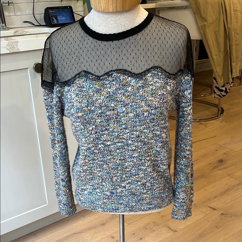 EUC Yigal Azrouel colourful knit long sleeve crew neck sweater w lace shoulders